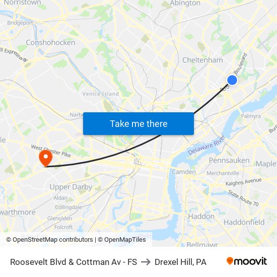 Roosevelt Blvd & Cottman Av - FS to Drexel Hill, PA map