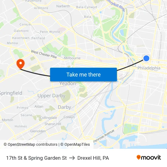 17th St & Spring Garden St to Drexel Hill, PA map