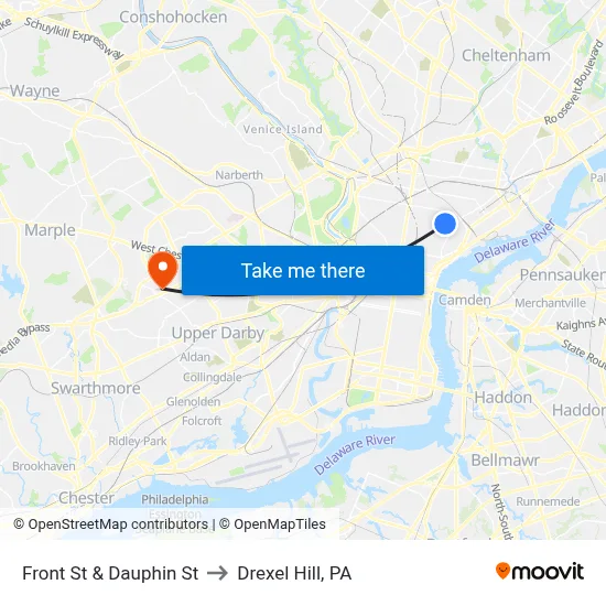 Front St & Dauphin St to Drexel Hill, PA map