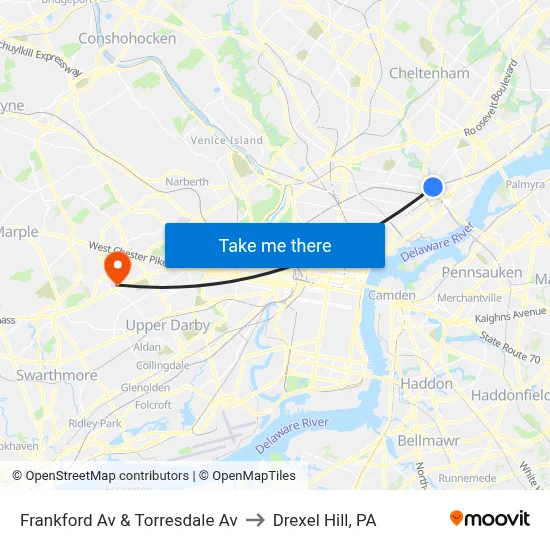 Frankford Av & Torresdale Av to Drexel Hill, PA map