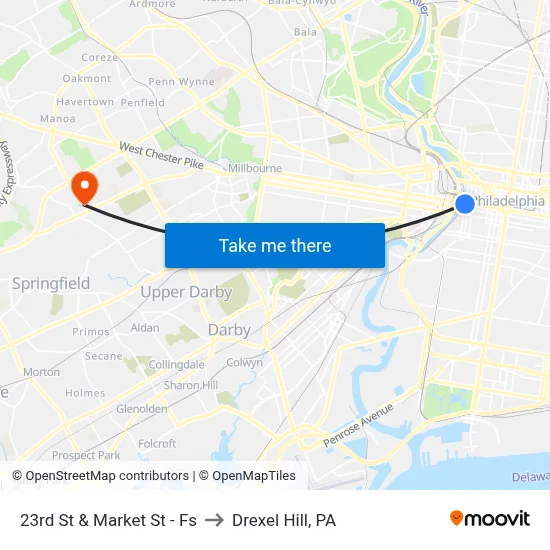 23rd St & Market St - Fs to Drexel Hill, PA map