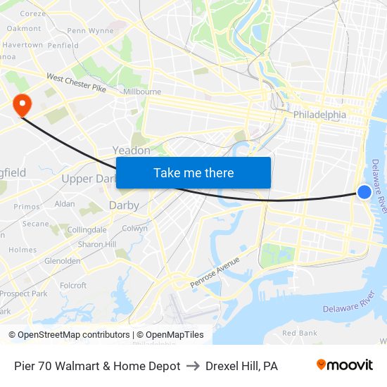 Pier 70 Walmart & Home Depot to Drexel Hill, PA map