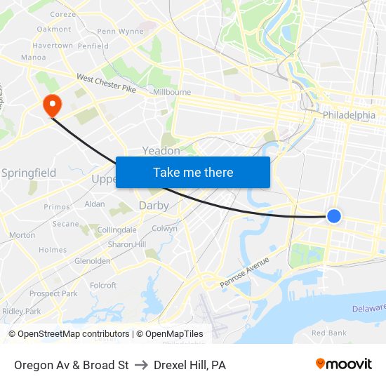 Oregon Av & Broad St to Drexel Hill, PA map