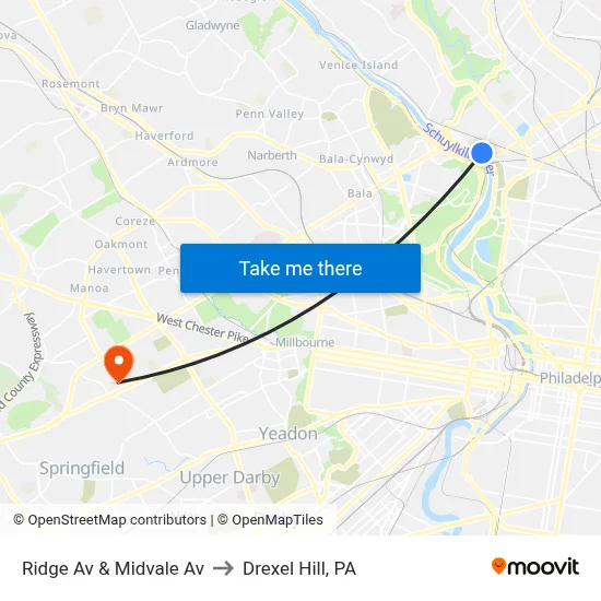 Ridge Av & Midvale Av to Drexel Hill, PA map