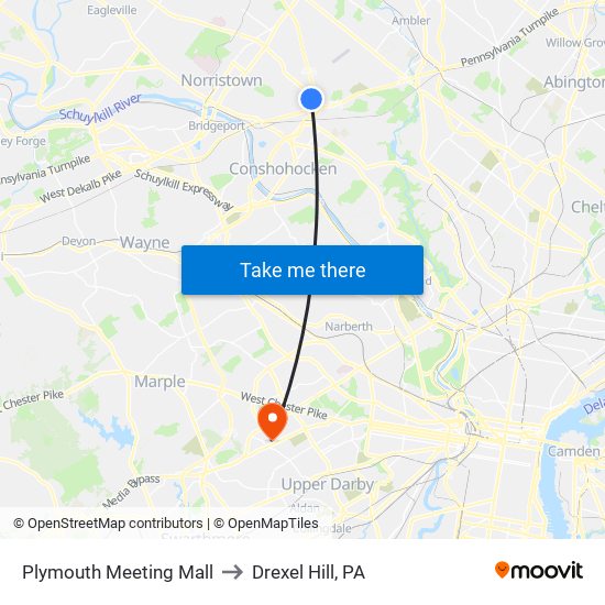 Plymouth Meeting Mall to Drexel Hill, PA map