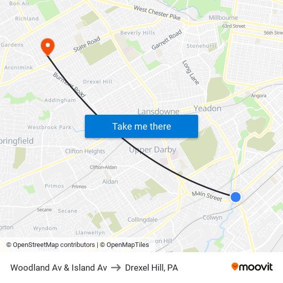 Woodland Av & Island Av to Drexel Hill, PA map