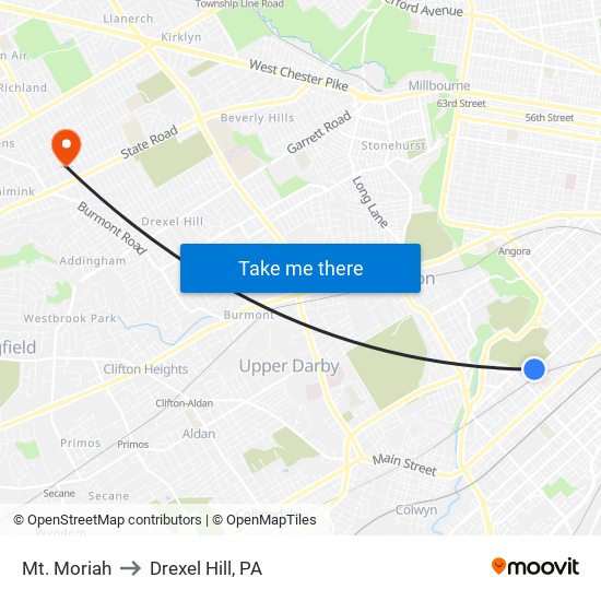 Mt. Moriah to Drexel Hill, PA map