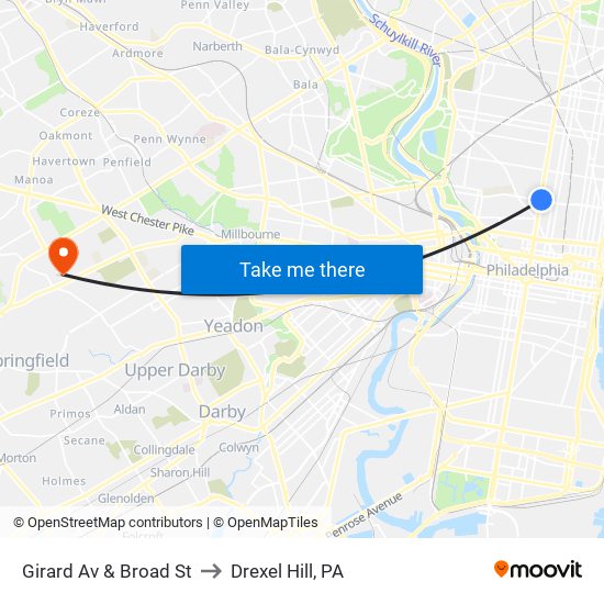 Girard Av & Broad St to Drexel Hill, PA map
