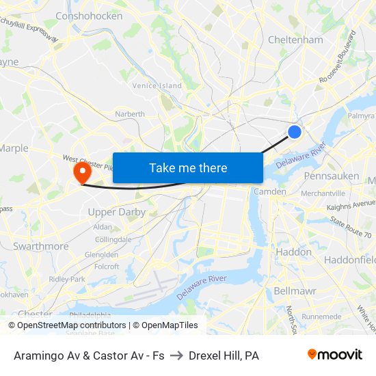 Aramingo Av & Castor Av - Fs to Drexel Hill, PA map