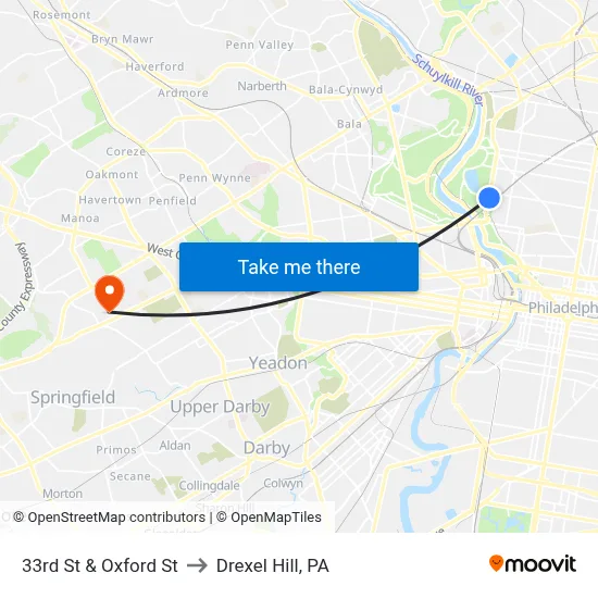 33rd St & Oxford St to Drexel Hill, PA map