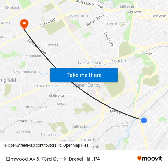 Elmwood Av & 73rd St to Drexel Hill, PA map