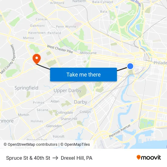 Spruce St & 40th St to Drexel Hill, PA map