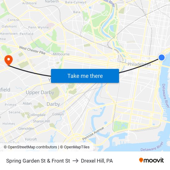 Spring Garden St & Front St to Drexel Hill, PA map