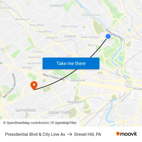 Presidential Blvd & City Line Av to Drexel Hill, PA map