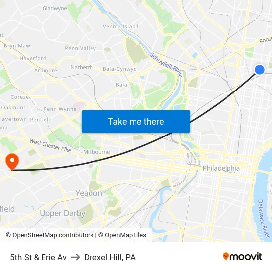 5th St & Erie Av to Drexel Hill, PA map