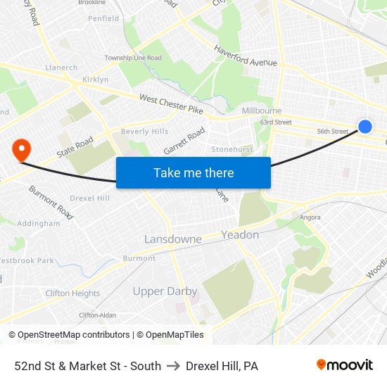 52nd St & Market St - South to Drexel Hill, PA map