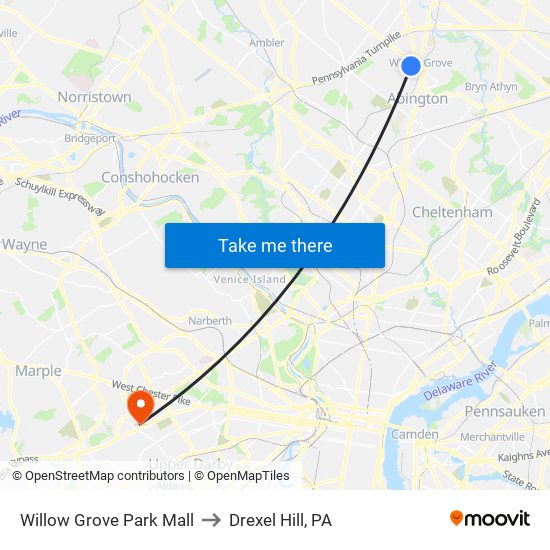 Willow Grove Park Mall to Drexel Hill, PA map