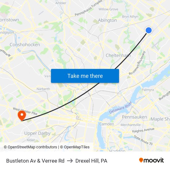 Bustleton Av & Verree Rd to Drexel Hill, PA map