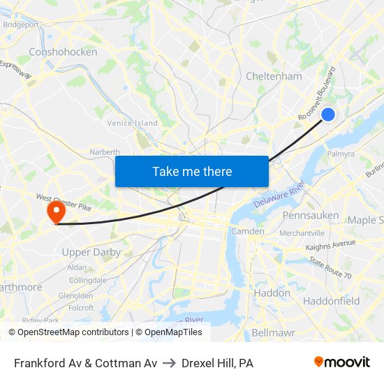 Frankford Av & Cottman Av to Drexel Hill, PA map