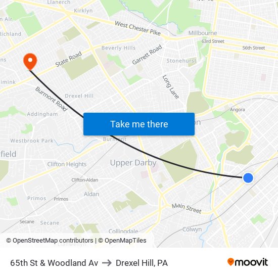 65th St & Woodland Av to Drexel Hill, PA map