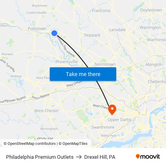 Philadelphia Premium Outlets to Drexel Hill, PA map