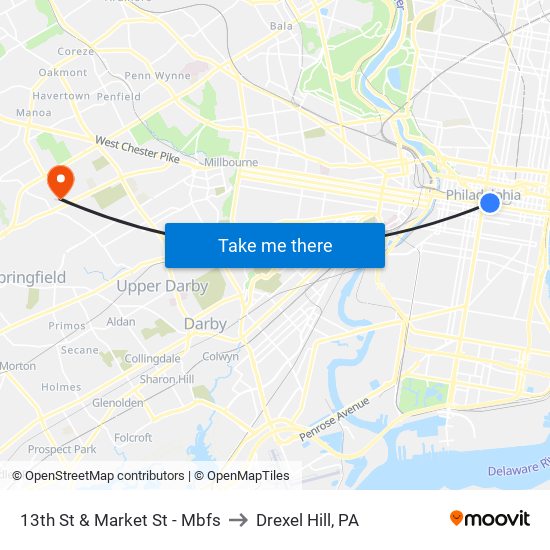 13th St & Market St - Mbfs to Drexel Hill, PA map