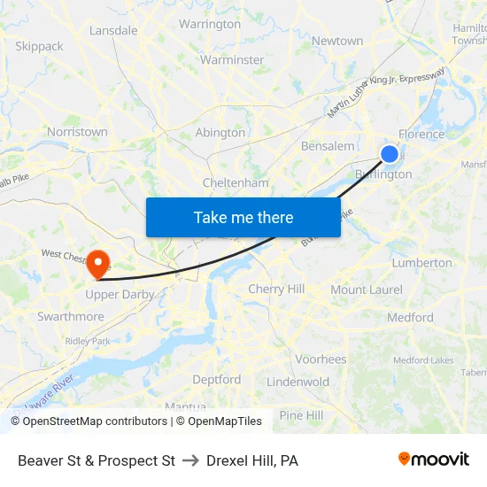 Beaver St & Prospect St to Drexel Hill, PA map