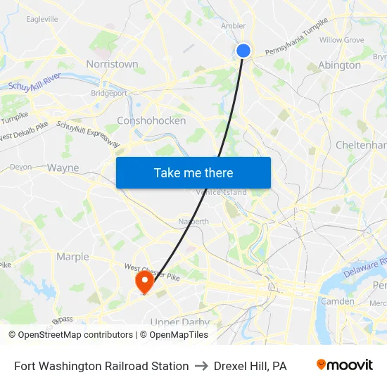 Fort Washington Railroad Station to Drexel Hill, PA map