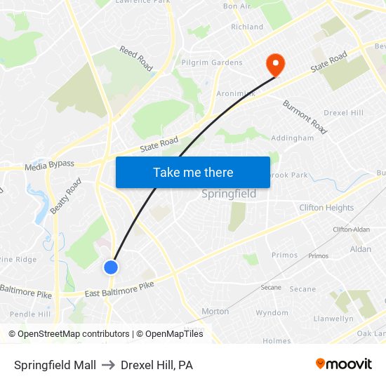 Springfield Mall to Drexel Hill, PA map