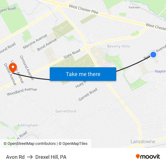 Avon Rd to Drexel Hill, PA map