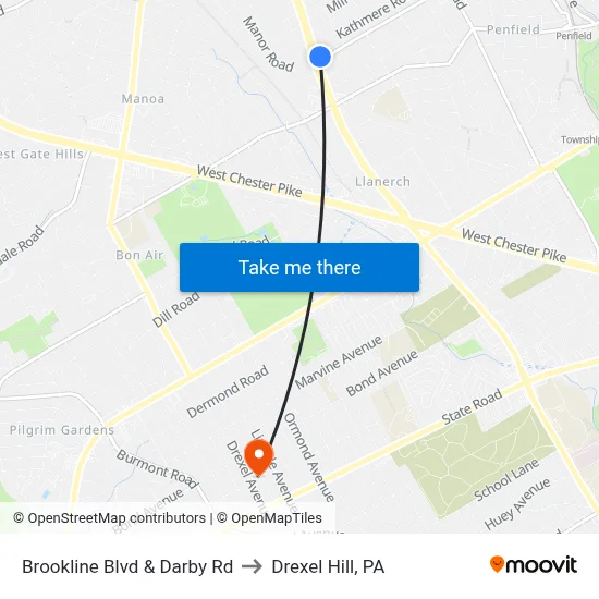Brookline Blvd & Darby Rd to Drexel Hill, PA map