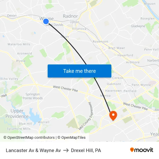 Lancaster Av & Wayne Av to Drexel Hill, PA map