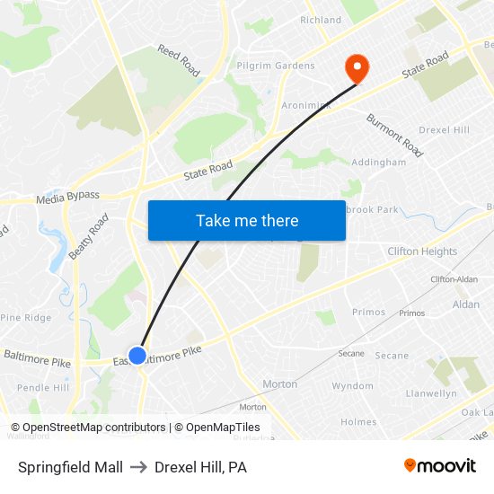 Springfield Mall to Drexel Hill, PA map