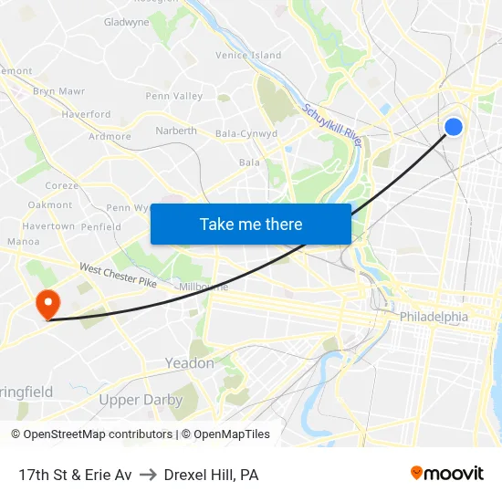 17th St & Erie Av to Drexel Hill, PA map