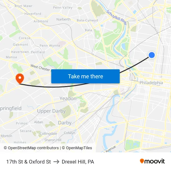 17th St & Oxford St to Drexel Hill, PA map