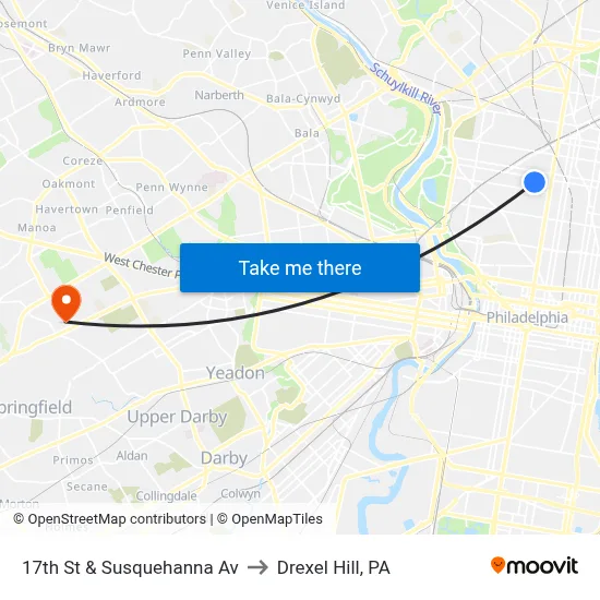 17th St & Susquehanna Av to Drexel Hill, PA map