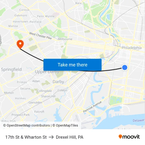 17th St & Wharton St to Drexel Hill, PA map