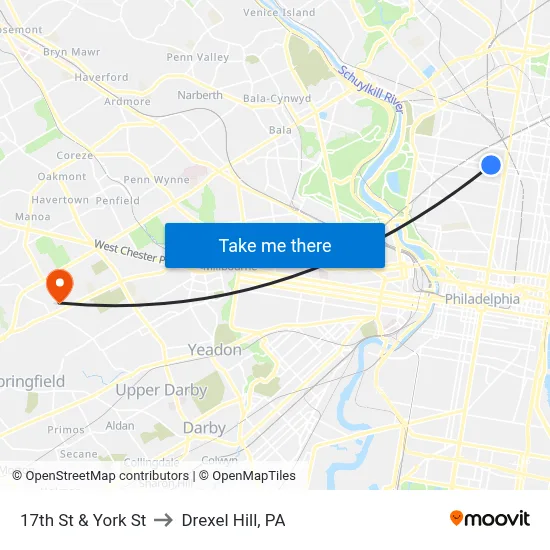 17th St & York St to Drexel Hill, PA map