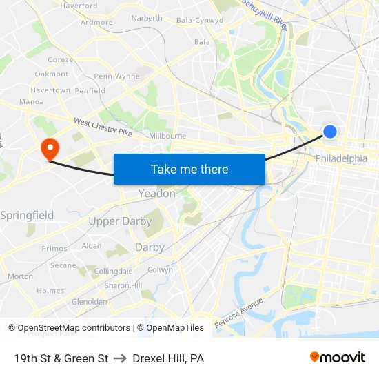 19th St & Green St to Drexel Hill, PA map