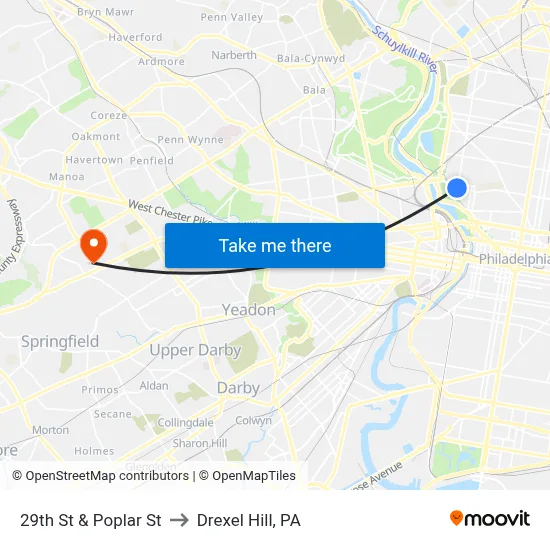 29th St & Poplar St to Drexel Hill, PA map
