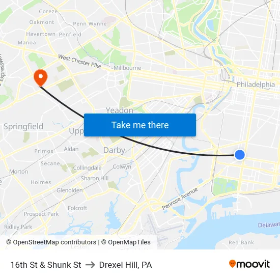 16th St & Shunk St to Drexel Hill, PA map