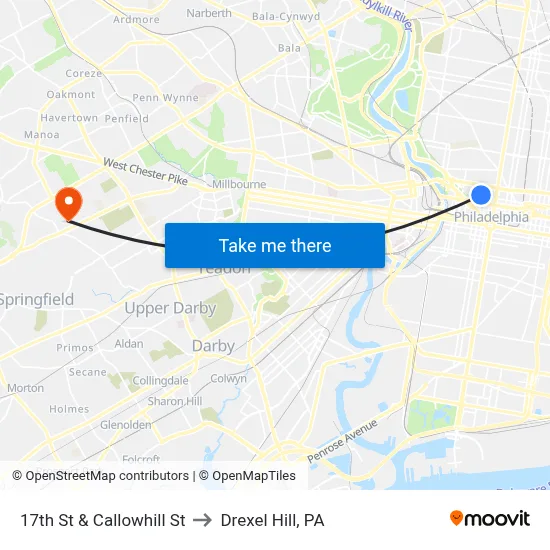 17th St & Callowhill St to Drexel Hill, PA map