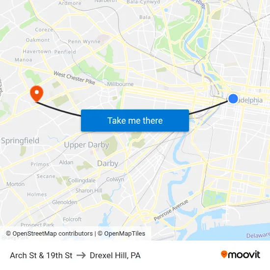 Arch St & 19th St to Drexel Hill, PA map