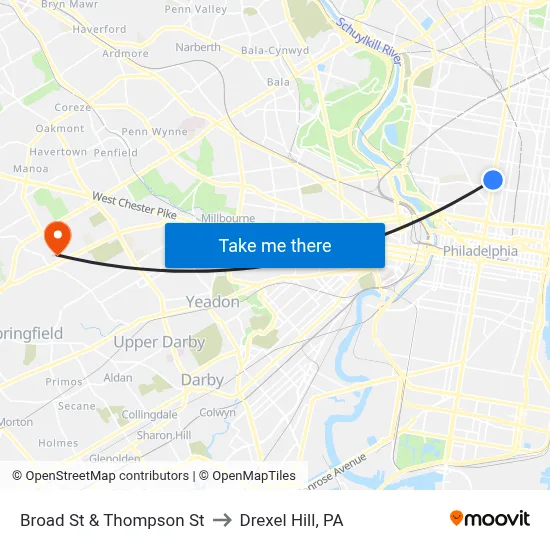 Broad St & Thompson St to Drexel Hill, PA map
