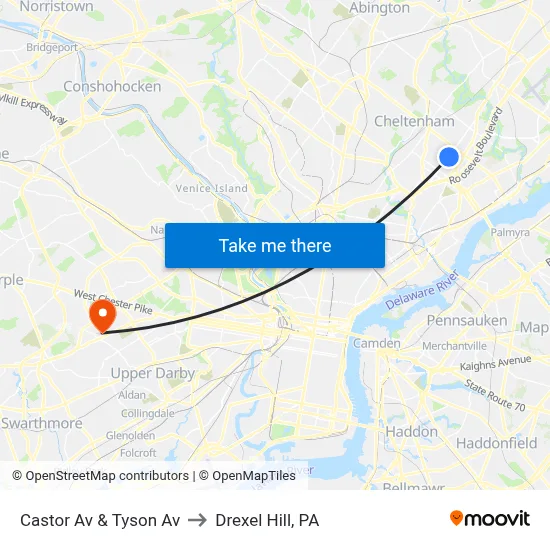 Castor Av & Tyson Av to Drexel Hill, PA map