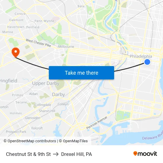 Chestnut St & 9th St to Drexel Hill, PA map