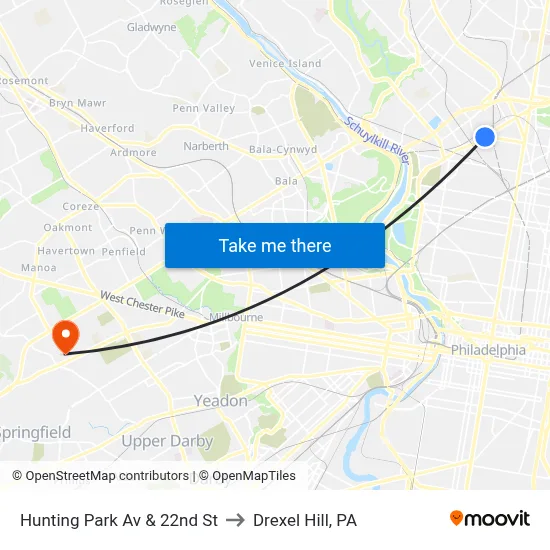 Hunting Park Av & 22nd St to Drexel Hill, PA map