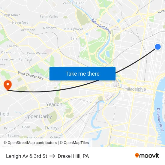 Lehigh Av & 3rd St to Drexel Hill, PA map