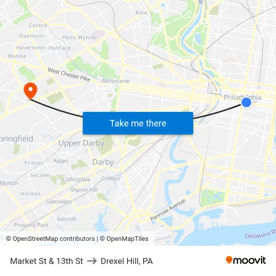 Market St & 13th St to Drexel Hill, PA map