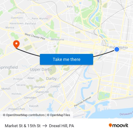 Market St & 15th St to Drexel Hill, PA map